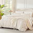 Andency Ruched Beige Queen Comforter Set, Shabby Chic Pleated Bedding Sets 3 Pieces, Lightweight Soft Boho Ruffle Bed Set for Girls, Kids, Women, All Season