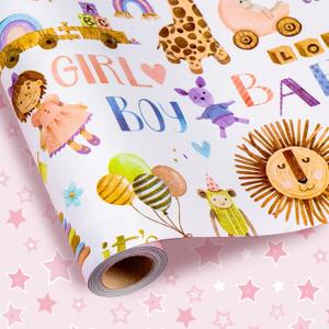 2 x Homeral Baby Shower Wrapping Paper Roll - Mini Roll - 17 Inch x 16.5 Feet - Animals, Rainbow and Cars & Pink Stars Reversible Gift Wrap for Baby Boys Girls Shower, Birthday, Gender Reveal, Holiday