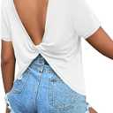 Women's Twist Backless Short Sleeve T Shirts Tops Round Neck Curved Hem Casual Workout Tee T-Shirts (White, L)