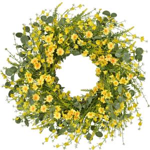 LSKYTOP 24Inches Artificial Daisy Flower Wreath with Eucalyptus Green Leave Spring Summer Wreath for Front Door Wall Decor (Yellow)