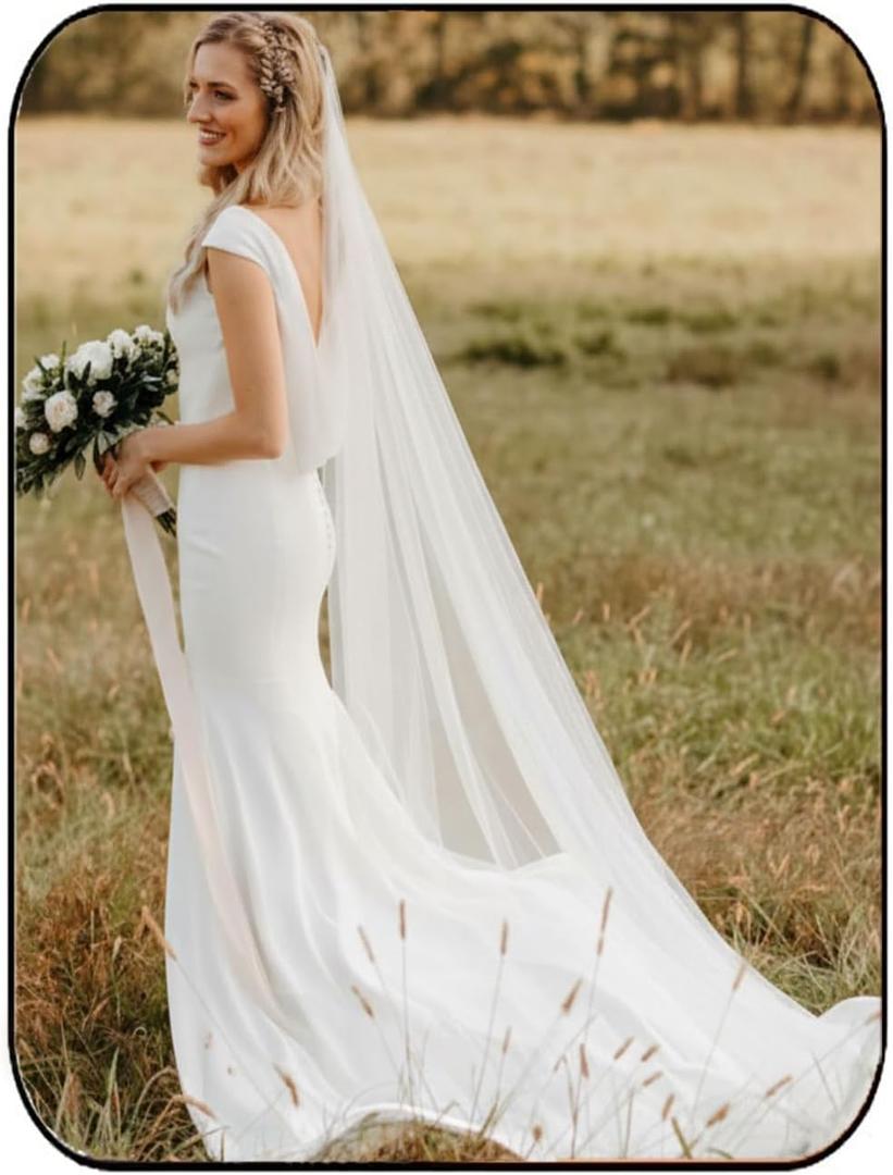 HEREAD Bride Wedding Veil 118" Long Cathedral Length Bridal Tulle Hair Accessories with Comb and Cute Edge (Ivory)