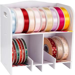 Krafetto Ribbon Storage Organizer Rack, Wall-Mountable Ribbons Holder Rack for Craft Room, Desktop Ribbon Spool Holder Organizer for Ribbons up to 5-7/10" in Diameter