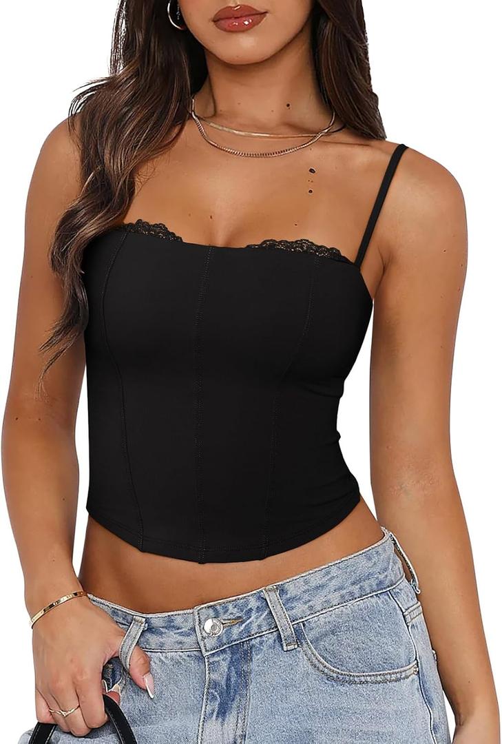 PINKMSTYLE Womens Lace Bustier Corset Tops Spaghetti Strap Tank Tops for Going Out (Small, Black)