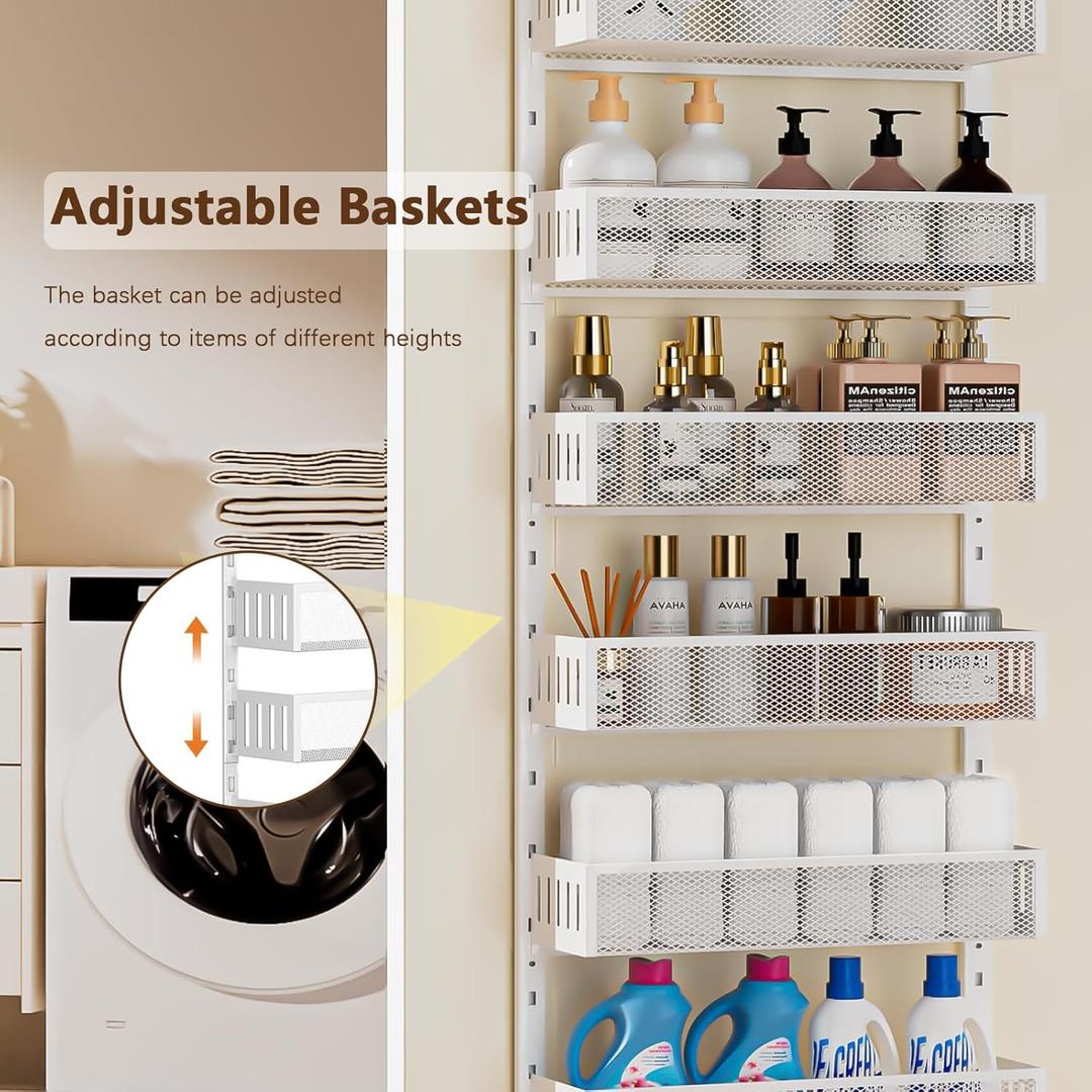 DAOTENGQL 3-Tier Over The Door Pantry Organizer with Mesh Baskets, Adjustable & Stable Hanging Spice Rack for Kitchen, Bathroom, Bedroom, and Baby Essentials Storage (16" W 3-Tiers, White)