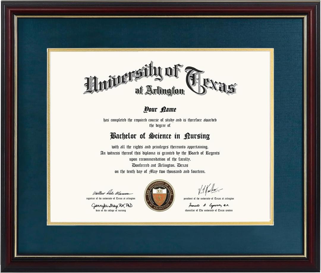 GraduationMall 11x14 Diploma Frame with Navy over Gold Mat or Display 15x18 Certificate without Mat,Solid Wood & Tempered Glass,Cherry Finish with Gold Trim