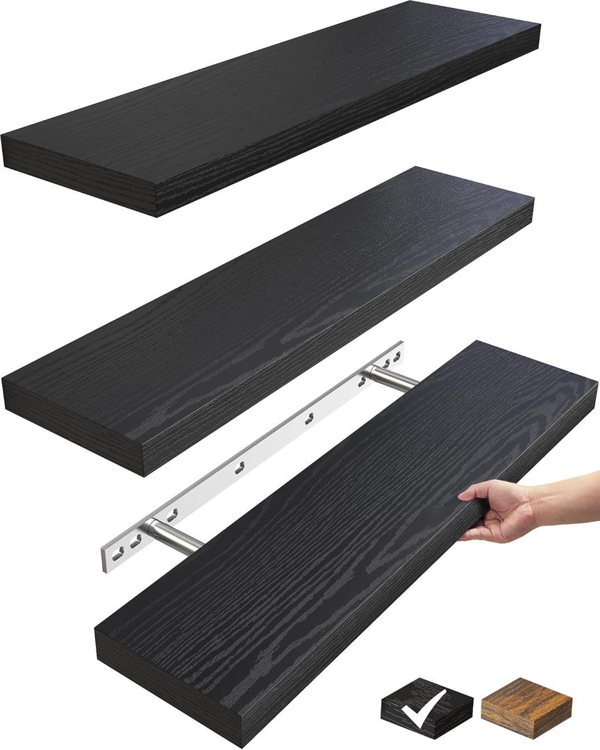 BAYKA Floating Shelves for Wall, 22.5 inches Wall Mounted Rustic Wood Shelves for Bathroom, Bedroom, Living Room, Floating Shelves for Books/Storage/Decor with 22lbs Capacity(Black,Set of 3) (22.5inches, Black)