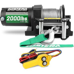 2000lb Winch for ATV, with Steel Cable,ATV Winch with Wired Manual Remote Control Switch,IP65 Waterproof,with Mounting Plate,with Roller Fairlead&Hook