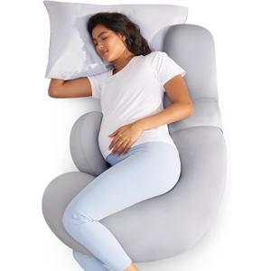 Momcozy Cooling Pregnancy Pillow,Original F Shaped Maternity Pillow for Pregnant Women with Adjustable Wedge Pillow, Full Body Support Pregnancy Pillows for Side Sleeping with Velvet Cover, Light Grey