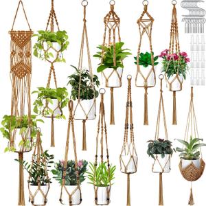 Hoteam 12 Pcs Macrame Plant Hangers Macrame Hanging Planters for Indoor Plants Handmade Boho Hanging Baskets Flower Pots Holder for Outdoor Home Wall Decor (Brown)