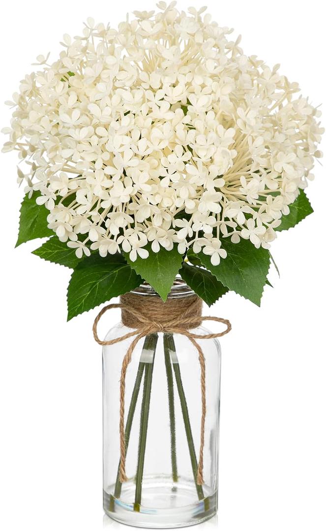 Artificial Hydrangea Flowers in Glass Vase with Faux Water, 13.8" Fake Cream Hydrangeas Arrangement Centerpiece for Home Caf Kitchen Bathroom Decoration (White)