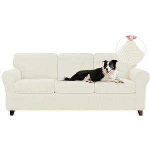 Chun YI 7 Piece Stretch Sofa Cover, 3 Seater Couch Slipcover with Three Separate Backrests and Cushions with Elastic Band, Checks Spandex Jacquard Fabric(Large,Ivory White)