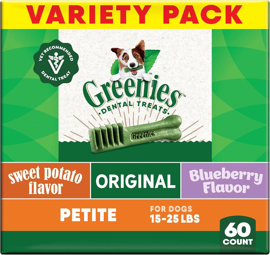 Greenies Veterinarian-Recommended Adult Natural Dental Dog Treats Petite Size, Fresh Flavor, Original Flavor, and Blueberry Flavor, (3) 12 oz. Packs, 60 Count, Best By: 10/2025