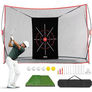 Golf Net, 10x7ft Golf Practice Net and Mat, Target Cloth, 7 Golf Tees, 6 Golf Balls, Golf Hiting Nets for Backyard Driving Indoor Outdoor Use, Golf Gifts for Men Dad Golfer