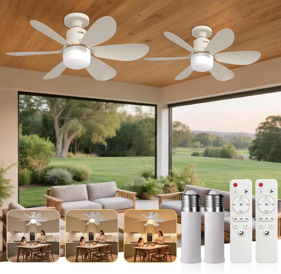 2 Pack Socket Fan Light with Remote - 20'' Small Ceiling Fans with Lights, 2200 Lumens Dimmable, 3 Colors 3000K-6500K, Easy Install Screw in E26 Base for Bedroom Living Room Kitchen Garage