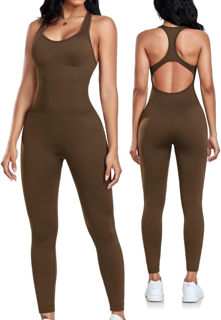 OLCHEE Womens Workout Jumpsuits Seamless Yoga Gym Bodycon Rompers Sexy Racerback Tummy Control Padded Bra Unitard (Brown, S)
