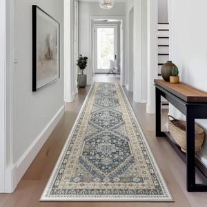 Hallway Runner Rug 2x12, Extra Long Washable Runner Rugs with Rubber Backing, Non Slip Runner, Vintage Rug Runners for Kitchen Laundry Room Entryway (Blue/Beige,2'x12')