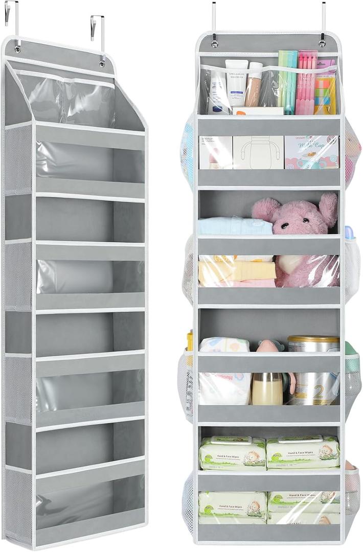 Yecaye 5 Tier 1Pc Over the Door Organizer, Stuffed Animal Storage with Clear PVC Windows, Door Organizer Hanging for Bedroom Nursery Closet Dorm Room Laundry Pantry Bathroom, Grey