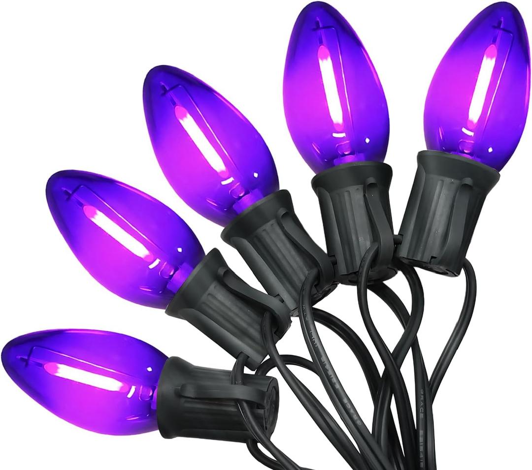C7 LED Christmas & Halloween Lights - 12FT Outdoor Purple String Lights with 12 Vintage LED Bulbs, Indoor/Outside Hanging Decor for Porch, Garden, Backyard, Balcony, Holiday Party