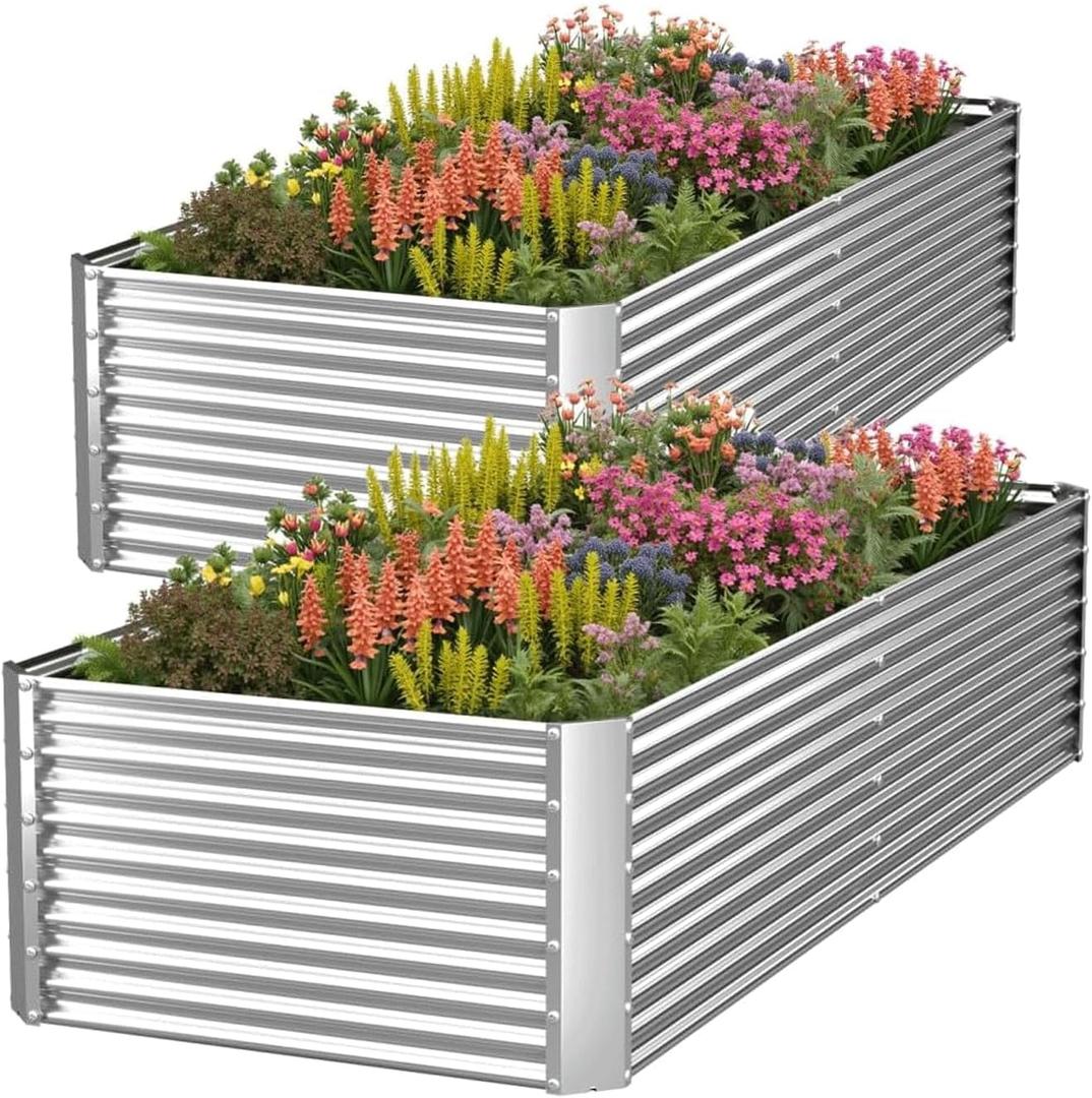 2 Pack Tall 8x4FT Corrugated Galvanized Steel Raised Garden Bed Outdoor, Metal Above Ground Garden Bed for Vegetables and Flowers, Rectangle Raised Beds for Gardening, 8x4FTx16inch