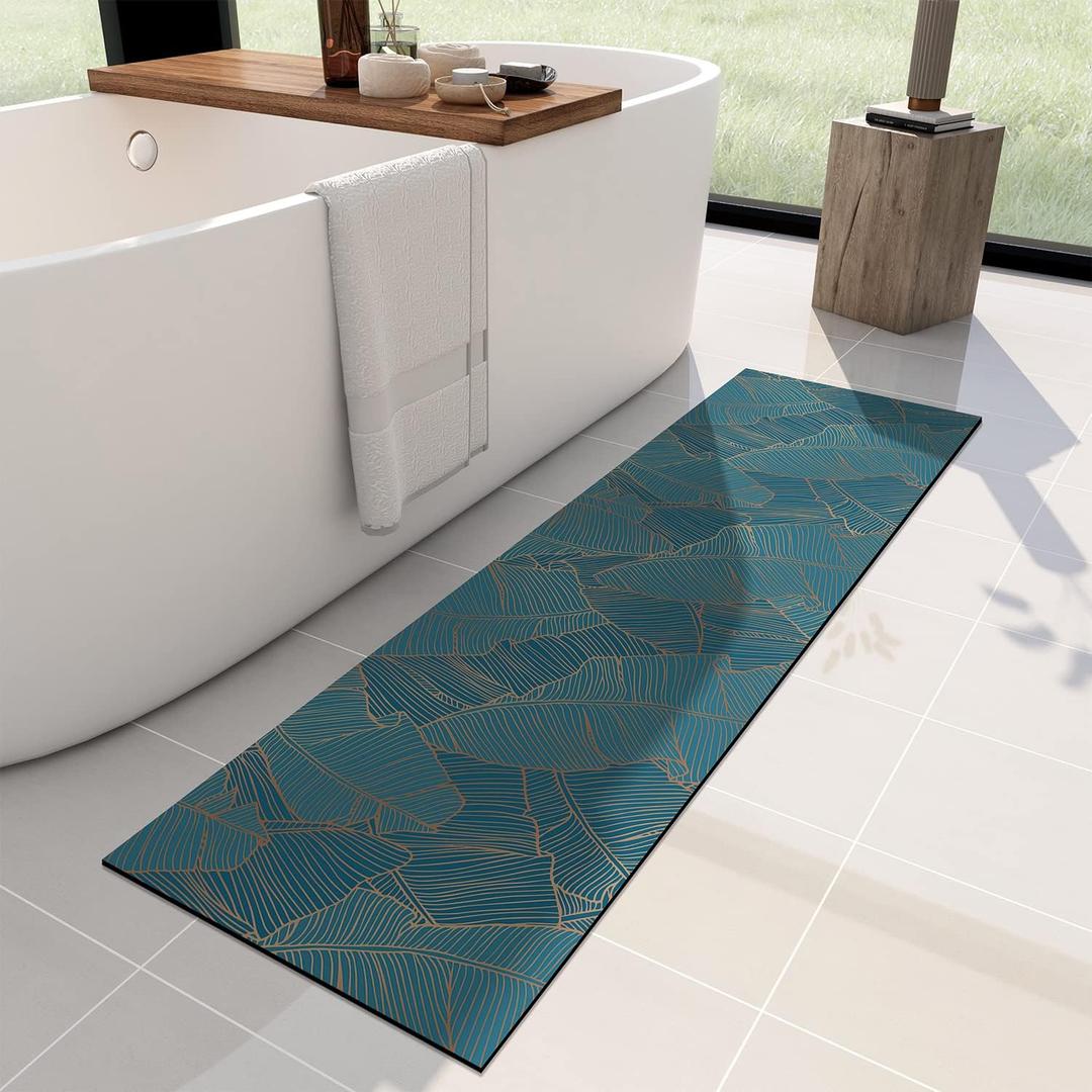 YIHOUSE Thin Bath Mat -60"x 24" Super Absorbent Quick Dry Thin Bathroom Rugs Fit Under Door, Non Slip Rubber Backed Bathroom Mat Washable Bathroom Floor Mats for Shower Room,Sink (60"x 24", Golden Leaf)