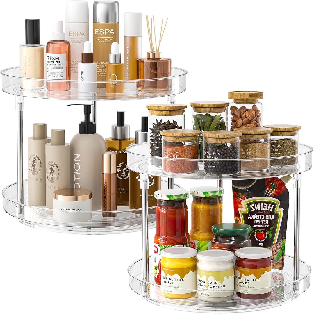 2 Pack 2 Tier Lazy Susan Turntable Organizer, Clear Rotating Lazy Susan, Spice Rack for Cabinet, Makeup and Perfume Organizer for Vanity, Counter Organizer Tray for Kitchen, Bathroom