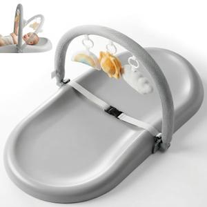 Wipe-Clean Baby Changing Pad, Waterproof Durable PU Pad, Soft & Non-Slip Safety Belt & Hanging Toys, Easy to Adjust & Removable Bar, Gray