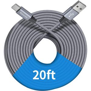Baiwwa Extra Long USB C Cable 20ft, USB A to Type C Cable Charger Cord Premium Nylon Braided for iPhone 16 15 Series Samsung Galaxy Note Tab, Moto, LG, Pixel and More USB C Smartphone & Tablet (Grey)