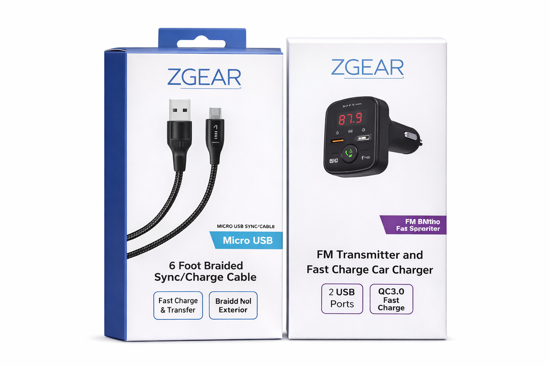 Set 6 Foot Braided Nylon Micro Black Chrome USB Charge/Sync Cable And FM Transmittera and Fast Charge Car Charger