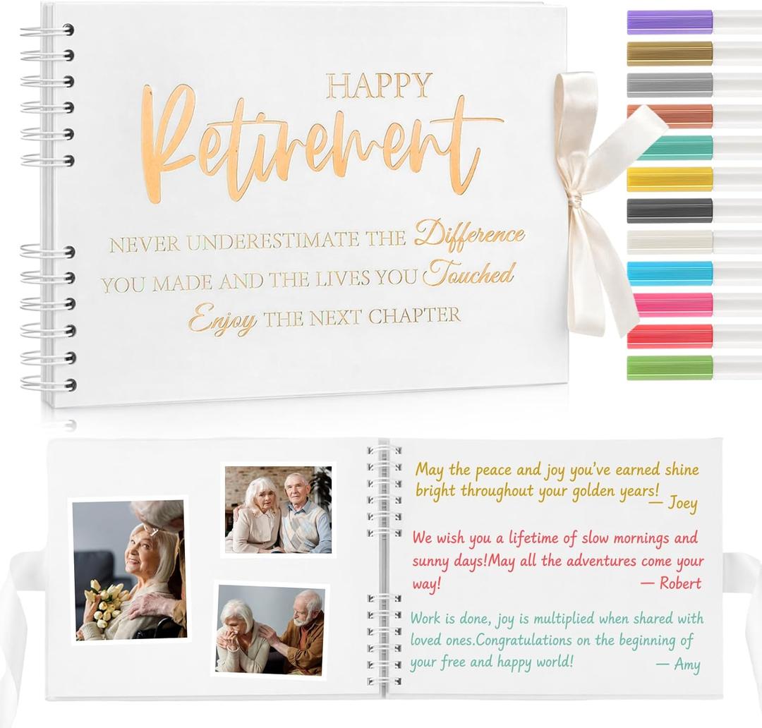 Gilprop 2026 Happy Retirement Guest Book with 12 Basics Colored Markers 12'' x 8'' Retirement Party Decorations Gold Foil Hardcover Scrapbook Photo Album Colleague Friend Ready to Retire Gifts(White)