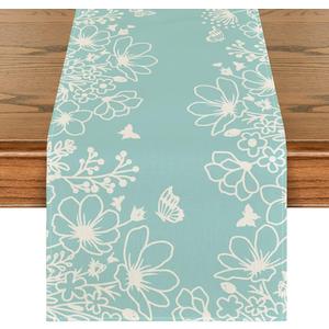 Artoid Mode Blue Bloom Flowers Butterfly Spring Table Runner, Seasonal Holiday Kitchen Dining Table Decoration for Home Party Indoor 13x108 Inch