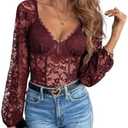Milumia Women's Floral Lace Bishop Long Sleeve Bodysuit Sexy Sweetheart Neck Sheer Tops, L