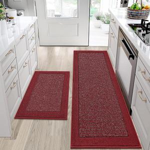 BEQHAUSE Kitchen Rugs and Mats Set of 2 Non-Slip Kitchen Mats for Floor, Absorbent and Stain Resistant Kitchen Runner, Machine Washable Rugs for Kitchen, Laundry & Sink, 24"x36"+24"x60", Red