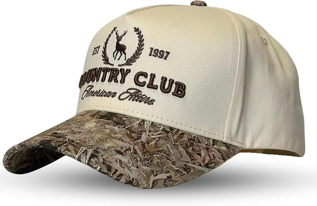 Vintage Western Trucker Hat | Men & Women | Country Cute Caps for Cowgirls Cowboys | Camo Denim Embroidered Cotton | Snapback (Beige)