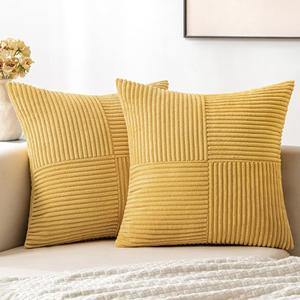 MIULEE Gold Corduroy Pillow Covers Pack of 2 Boho Decorative Spliced Throw Pillow Covers Soft Solid Couch Pillowcases Cross Patchwork Textured Cushion Covers for Living Room Bed Sofa 18x18 inch