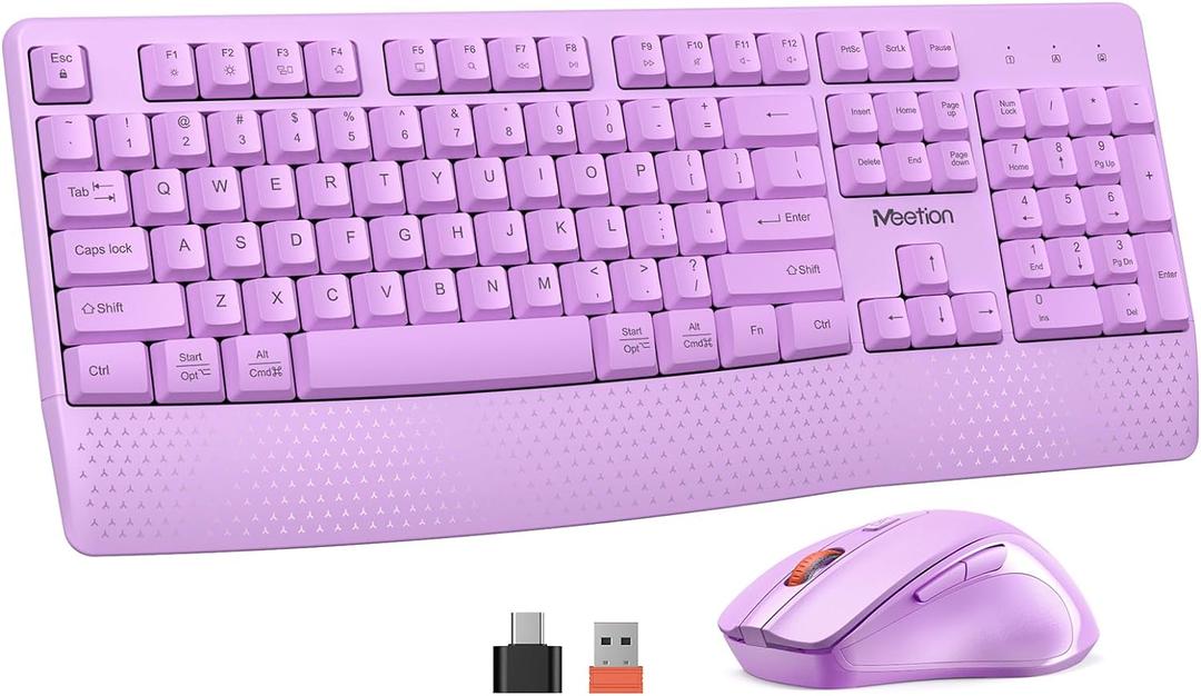MEETION Wireless Keyboard and Mouse, Full-Sized Cordless Keyboard with Wrist Rest and 3 DPI Adjustable Mouse, 2.4G Wireless, Purple, for PC/Computer/Laptop/Windows/Mac, Purple