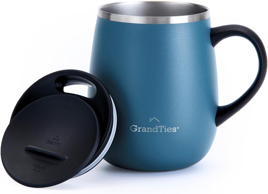 GRANDTIES Insulated Coffee Mug with Handle - Sliding Lid for Splash-Proof 16oz Thermal Tumbler with Double Walled Vacuum Stainless Steel to Keeps Beverages Hot or Cold-Cobalt Blue (15.6 Ounces)