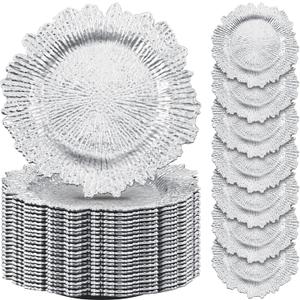 50 Pcs 13 Inch Charger Plates Bulk Plastic Plate Chargers with Floral Reef Design Round Ruffled Rim Dinner Charger Plates for Dinner Wedding Party Event Table Setting Decor (Silver)