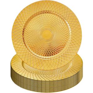 Frcctre 12 Pack Round Charger Plates, 13 Inch Decorative Gold Plastic Charger Dinner Plates, Reusable Elegant Diamond Pattern Serving Plate for Wedding, Dinner Party, Event Table Decoration