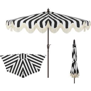 JONATHAN Y Half Umbrella UMB1201A Beverly 9 ft. Designer Classic Scalloped Fringe Market Patio with Crank, Push Button Tilt and UV Protection in Black/White