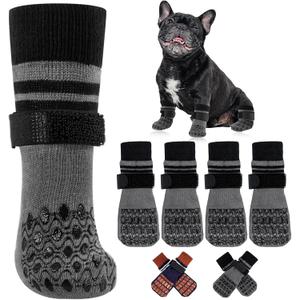 Kuoser Non Slip Dog Socks for Hardwood Floors,4Pack Anti-Slip Dog Grippy Socks to Prevent Licking Paws,Dogs Booties Paw Protectors with Double-Sided Traction for Small Medium Large Senior Dogs,Gray S (S(Length: 5.31"))