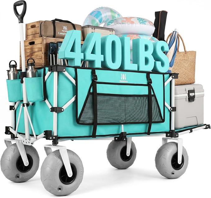 Navatiee 260L Beach Wagon with Extended Tailgate, 440lbs Heavy Duty Beach Cart with 9 Big Balloon Wheels for Sand, Collapsible Folding Wagon with Side Pocket for Outdoor, Light Blue