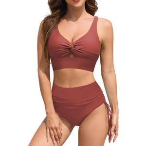 ZAFUL Women High Waisted Bikini Sets Color Block Swimsuit Two Piece Knot Twist Cut Out Drawstring Bathing Suit (Small, Brick Red)