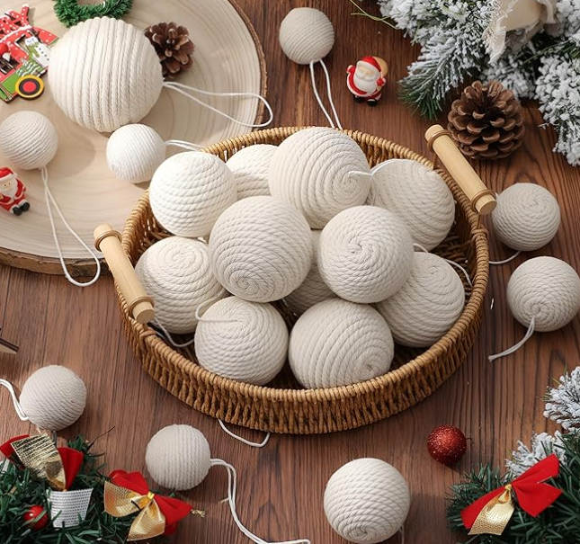 Gejoy 24 Pcs Burlap Christmas Boho Balls Ornaments 3.15 2.36 1.57 Inch Farmhouse Balls Rustic Ornaments for Home Xmas Tree Wreath Garland Holiday Party Decoration
