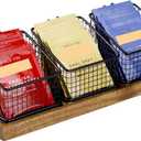 HTB Tea Organizer for Tea Bags, Tea Bag Holder with Acacia Wood Stand and 3 Removable Metal Basket for Sugar Packets, Sweeteners, Creamers for Cabinet, Countertop (OGB-148)