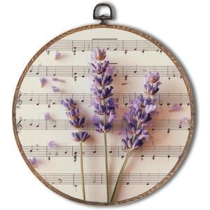 Tzhim Vintage Lavender Floral Round Wall Art, Retro Cottagecore Lavender Floral Round Wall Decor Framed, Rustic Purple Flower Canvas Walls Sculptures for Home Bedroom Living Room Decor, 10x10 Inch