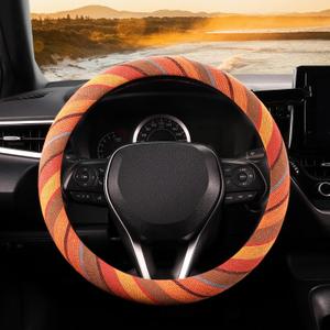 SEG Direct Boho Steering Wheel Cover with Baja Blanket Cloth, Ethnic Style Auto Wheel Cover Made of Coarse Flax, Fits 14 1/2-15 1/4 inches Car Wheel (Saturn Yellow)