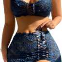 Sexy Floral Lace Bodycon Underwire Stocking Lingerie Set 4 Piece (3X-Large, Blue)
