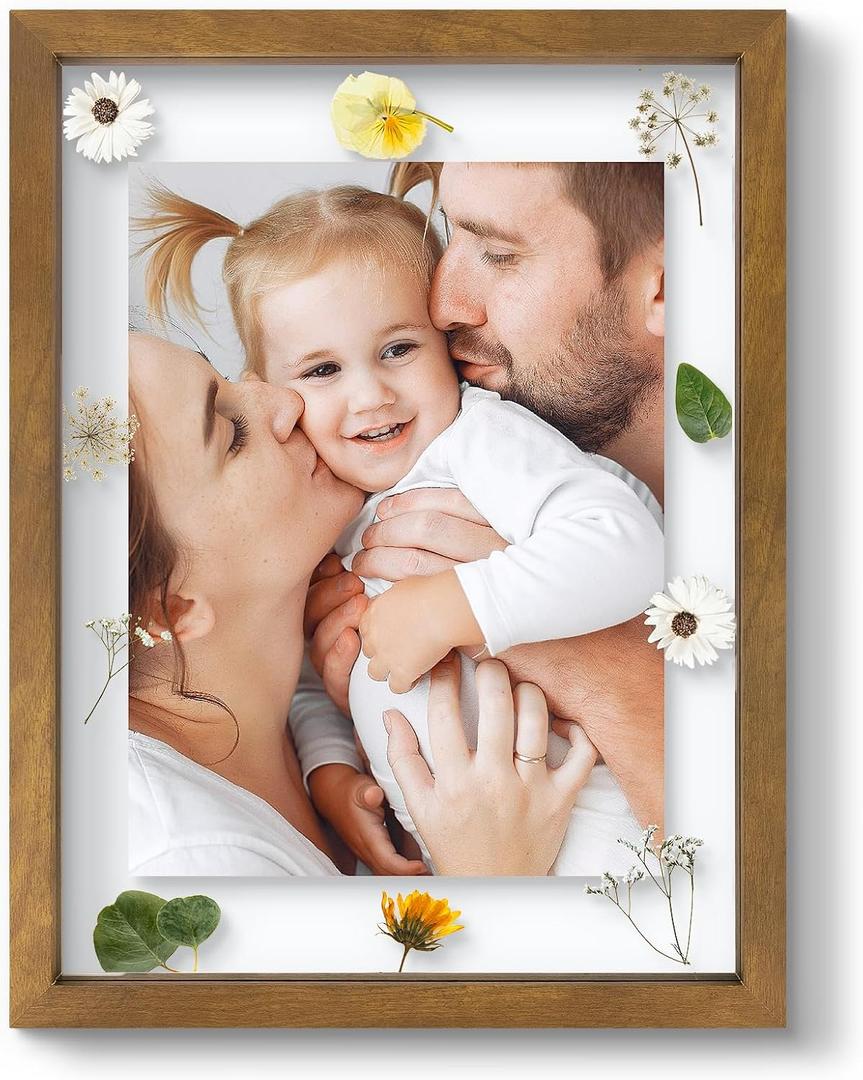 12x16 Floating Picture Frame - Brown Solid Wood Frame for Pressed Flower - Real Glass of Front - Use as 8.5x11 or 11x14 Picture Frame - for Wall Mount Display (Brown, 1 Pack)