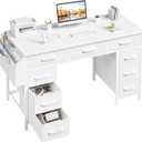 Lufeiya 47 Inch Computer Desk with 9 Drawers, Office Desk Work Desk for Home Office, Study, Writing, Vanity Desk with Fabric Drawers on Both Sides, Large Storage, White