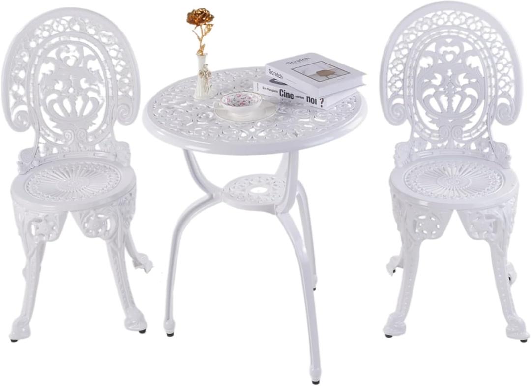 KAILI Patio Bistro Sets 3 Piece cast Aluminum Patio Furniture Outdoor Garden Metal Rust Proof Tables and Chairs White Bisrto Set (Crown-White)